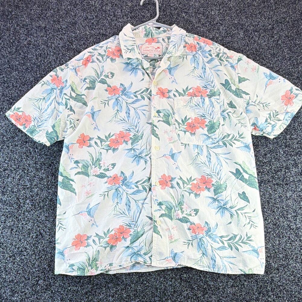 American Eagle Men's XL White Floral Tropical Hummingbird Woven S/S Button-Up